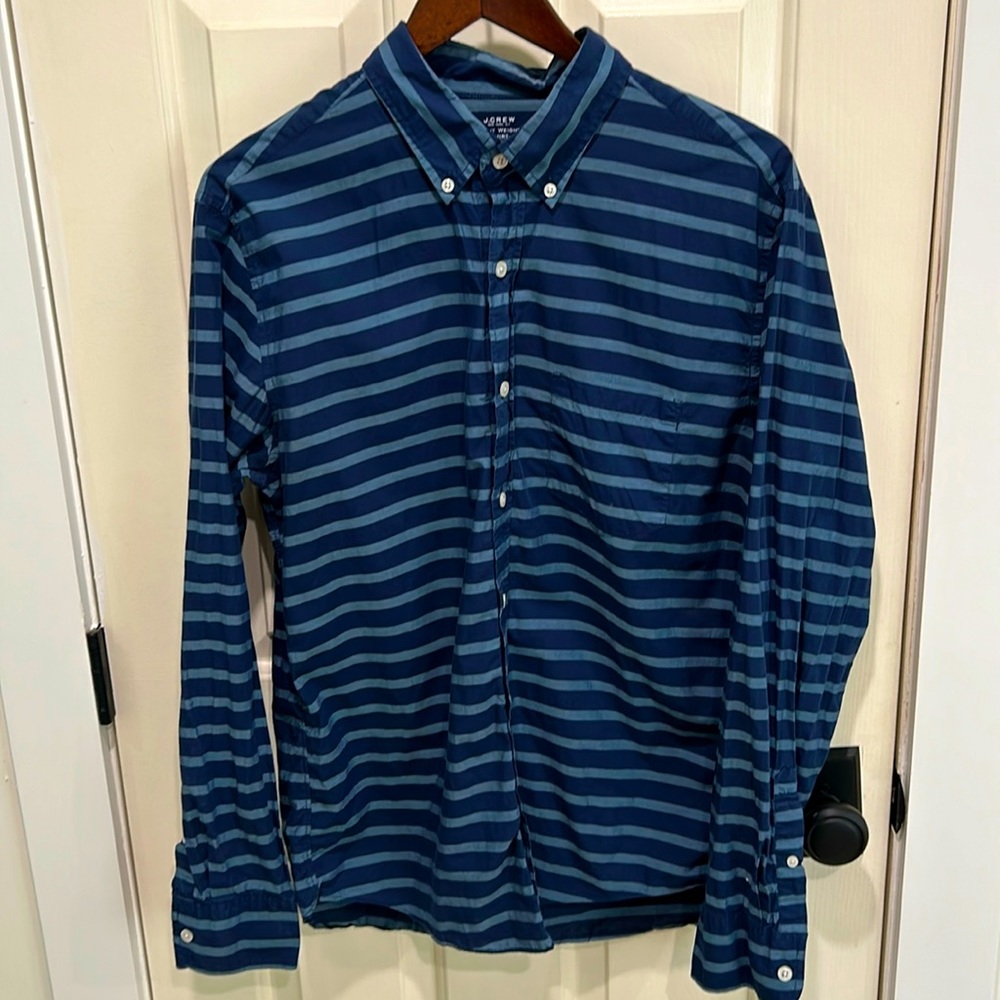 Men’s L J crew casual button down. Blue with grey stripes. Good condition.